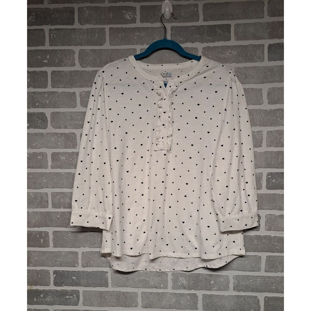 Croft‎ Barrow Womens Ruffle V-Neck Black Polka Dot Heart Print Pull-Over Top  XL